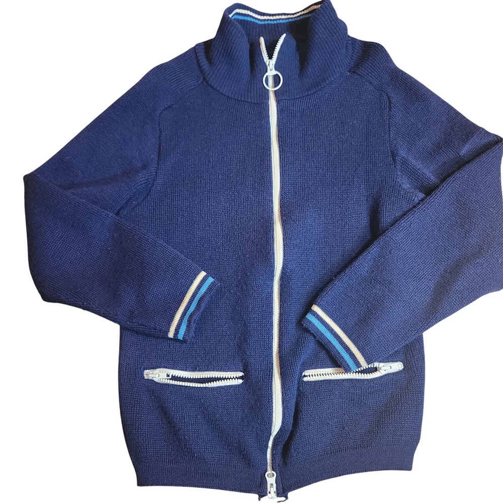 50s/60s Clover Knitting Mills Navy Blue 100% Virgin Wool‎ Full Zip Sweater Small